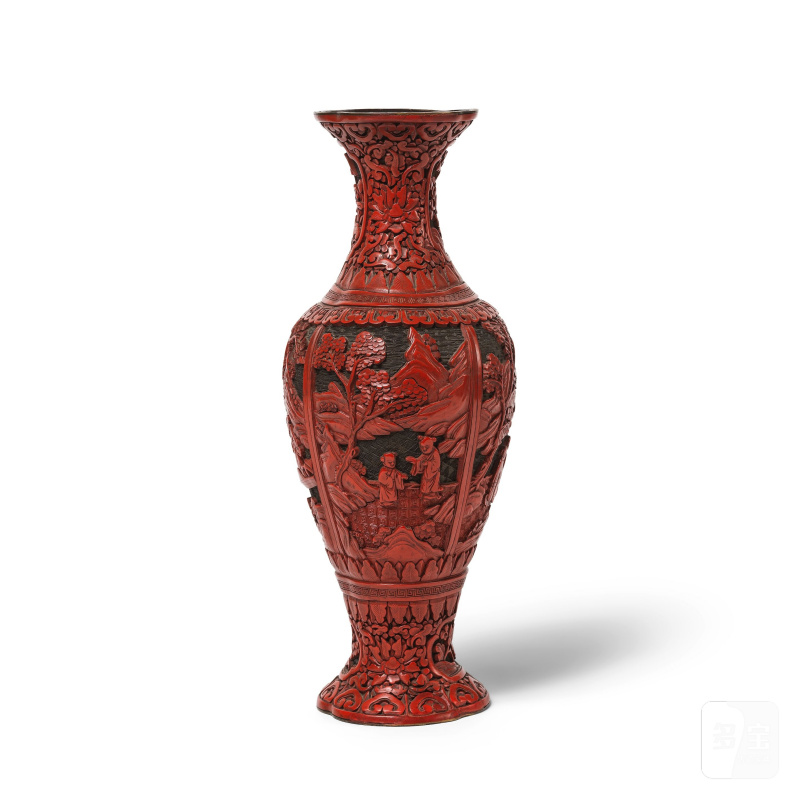 清 十九世紀 剔紅山水人物圖瓶 | VASE EN LAQUE ROUGE SCULPTÉE - 图8